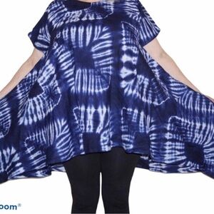African Cotton Batik Tunic Top Plus Size 1X High Low Hem Indigo White
